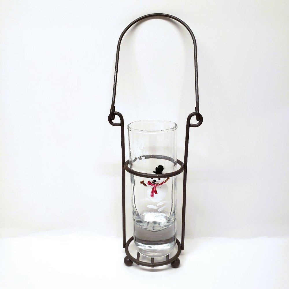 Painted Snowman Bud Vase Double Shot Glass Metal Votive Candle Holder Christmas